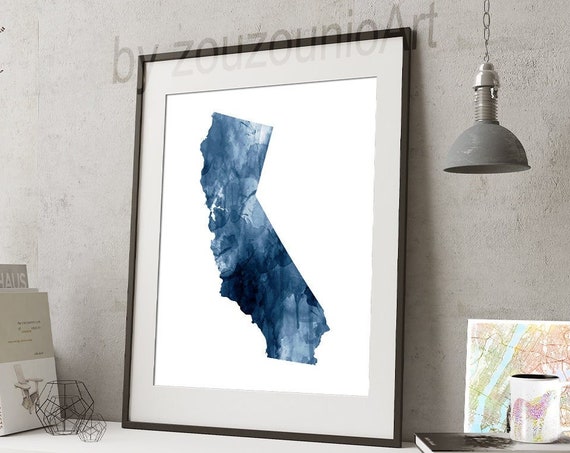 State Map Print Silhouette Navy Blue Watercolor Modern Wall Art Usa Poster Home Decor