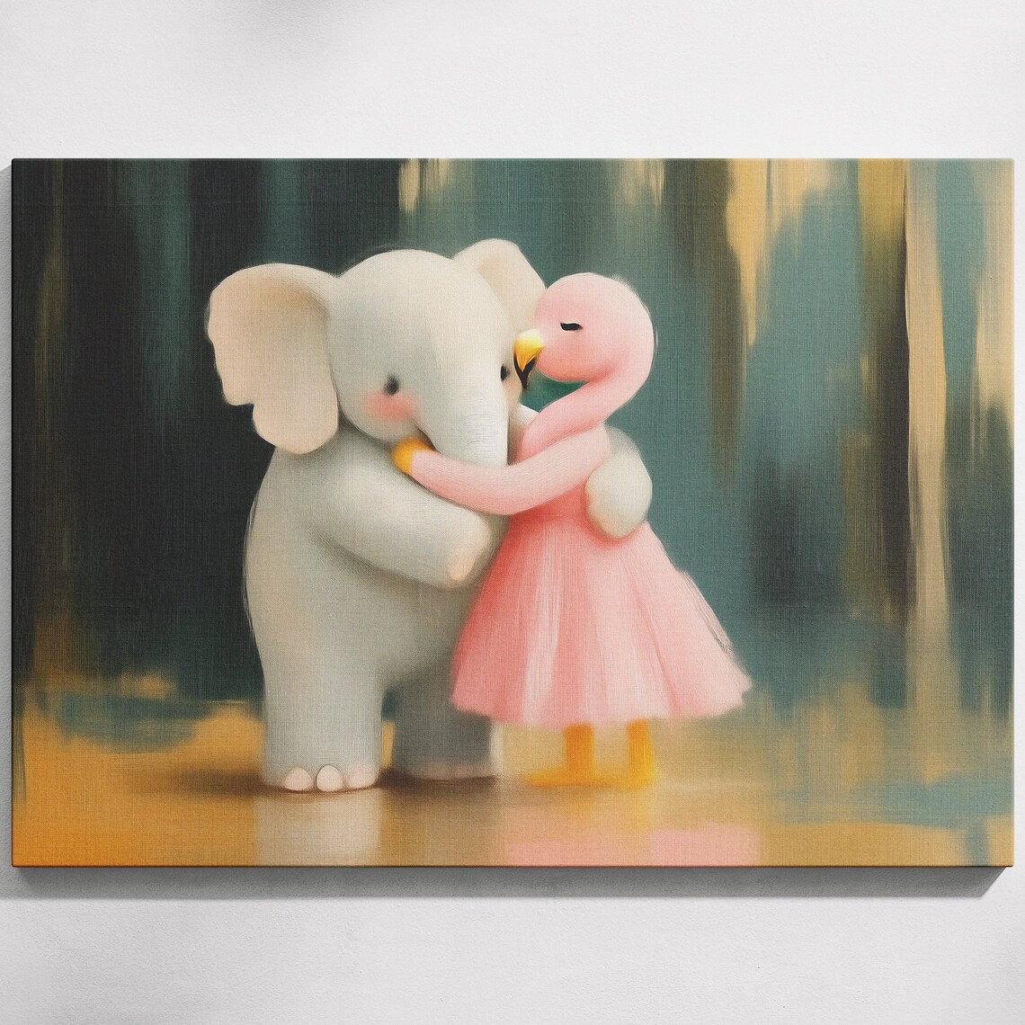Sweet Baby Elephant Hugging Pink Flamingo Nursery Art Poster