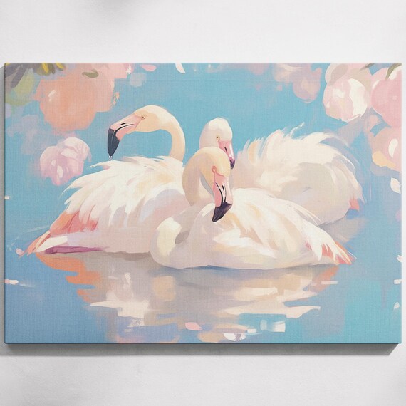 Three White Flamingos Turquoise Water Soft Pink Blossoms Tropical Bird Poster