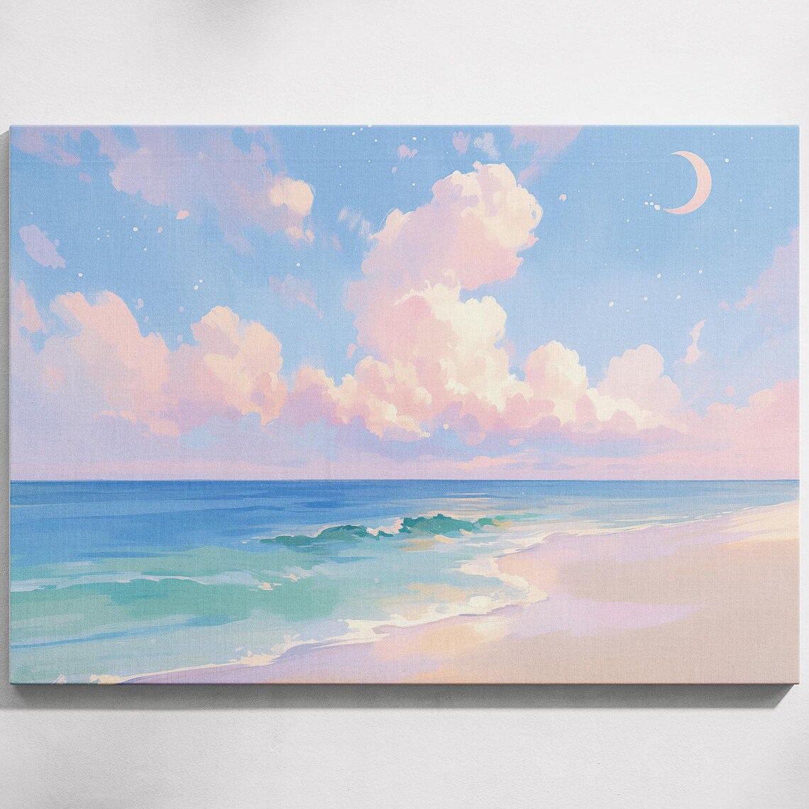 Pastel Beach Twilight Pink Clouds Crescent Moon Turquoise Waves Poster