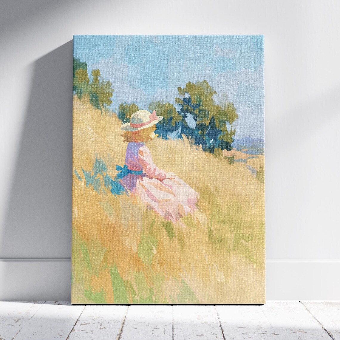 Girl Straw Hat Pink Ribbon Golden Wheat Meadow Blue Sky Watercolor Wall Art