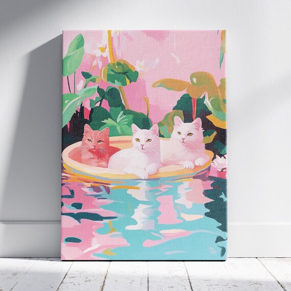 Three Cats in Yellow Boat Floating Tropical Playful Art Poster