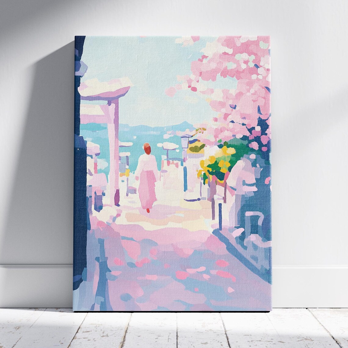 Woman Walking Through Torii Gate to Ocean Japan Cherry Blossom Poster