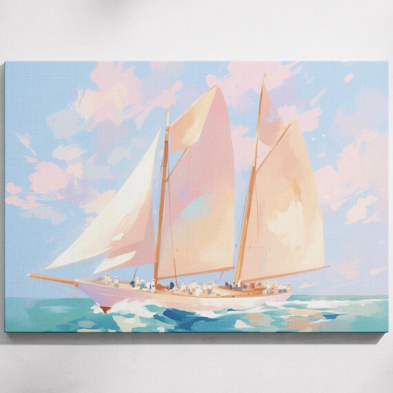 Classic Sailboat Full White Sails Turquoise Sea Nautical Art Poster