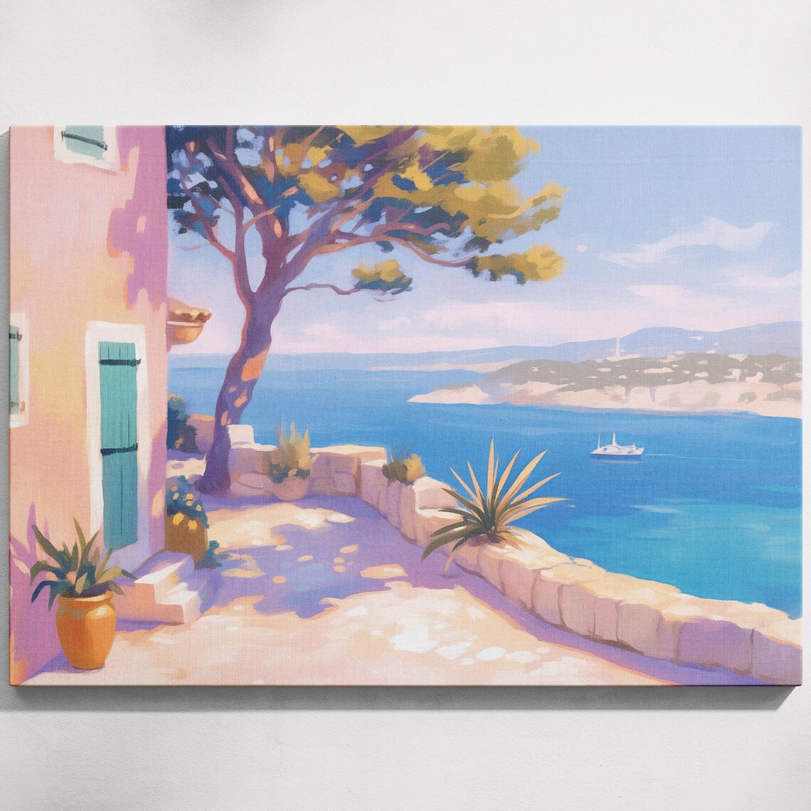 Mediterranean Coastal Terrace Pink Villa Pine Tree Blue Sea Poster