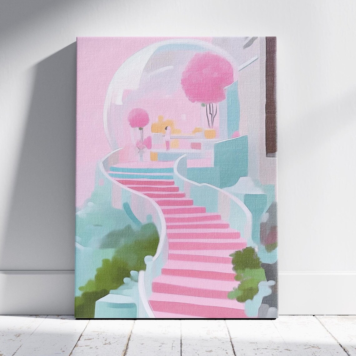 Pink Spiral Staircase to Glass Dome Dreamy Fantasy Art Poster