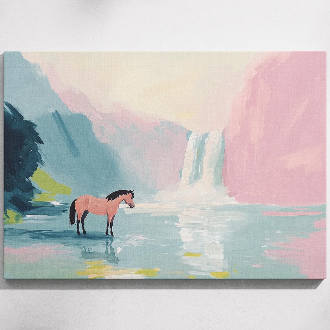 Horse Wading In River Below Waterfall Pastel Mountain Landscape Poster