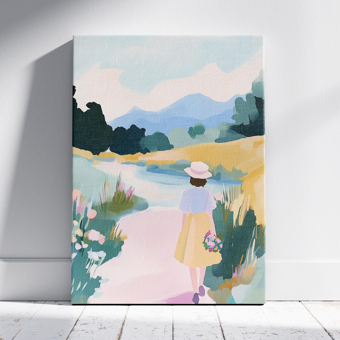 Girl in Sun Hat Walking Meadow Path by Blue Mountain Lake Pastel Poster