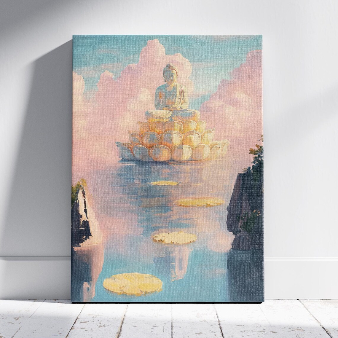 Buddha on Lotus Throne Floating Over Calm Water Pastel Spiritual Poster