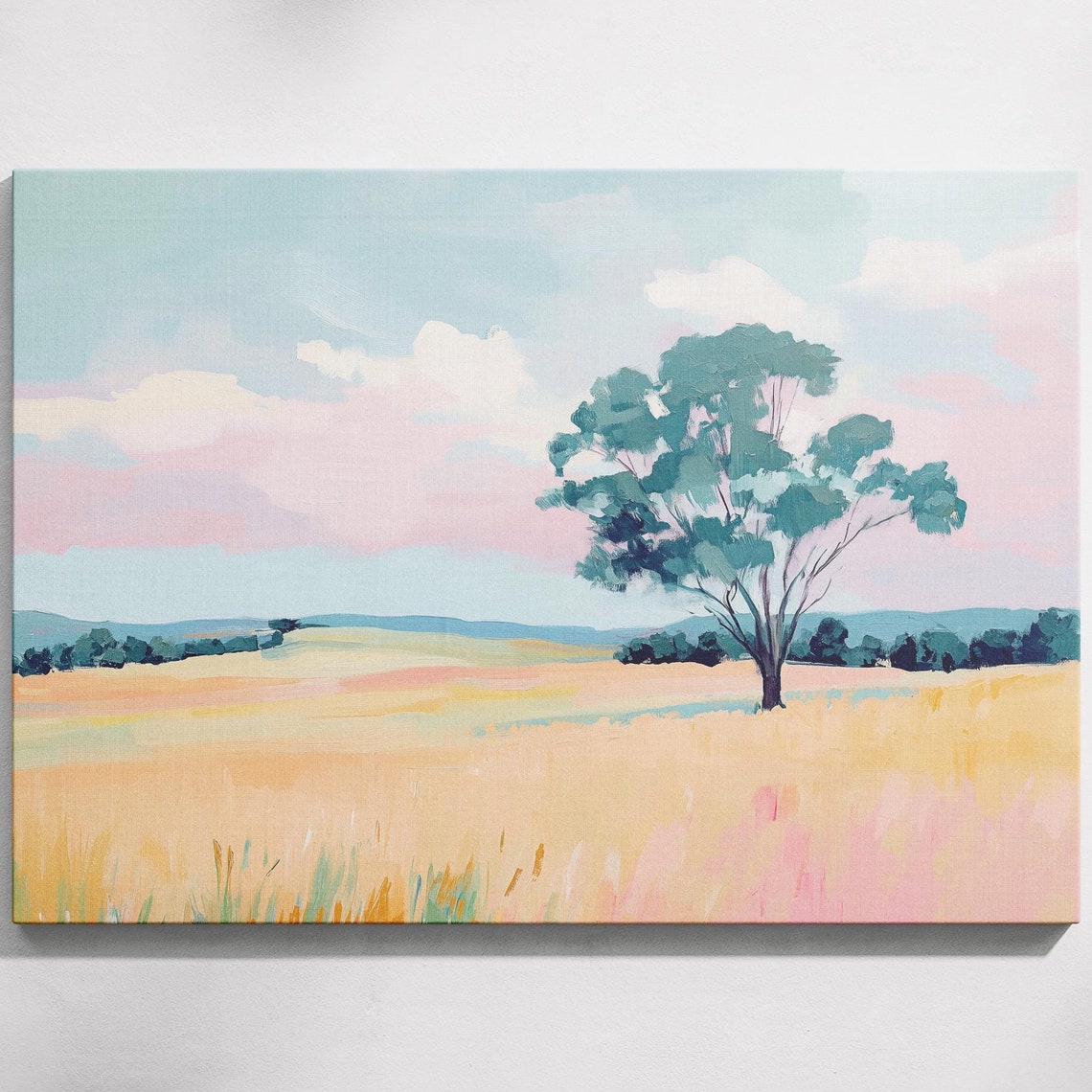 Golden Grass Field Lone Eucalyptus Tree Pink Sky Outback Art Poster