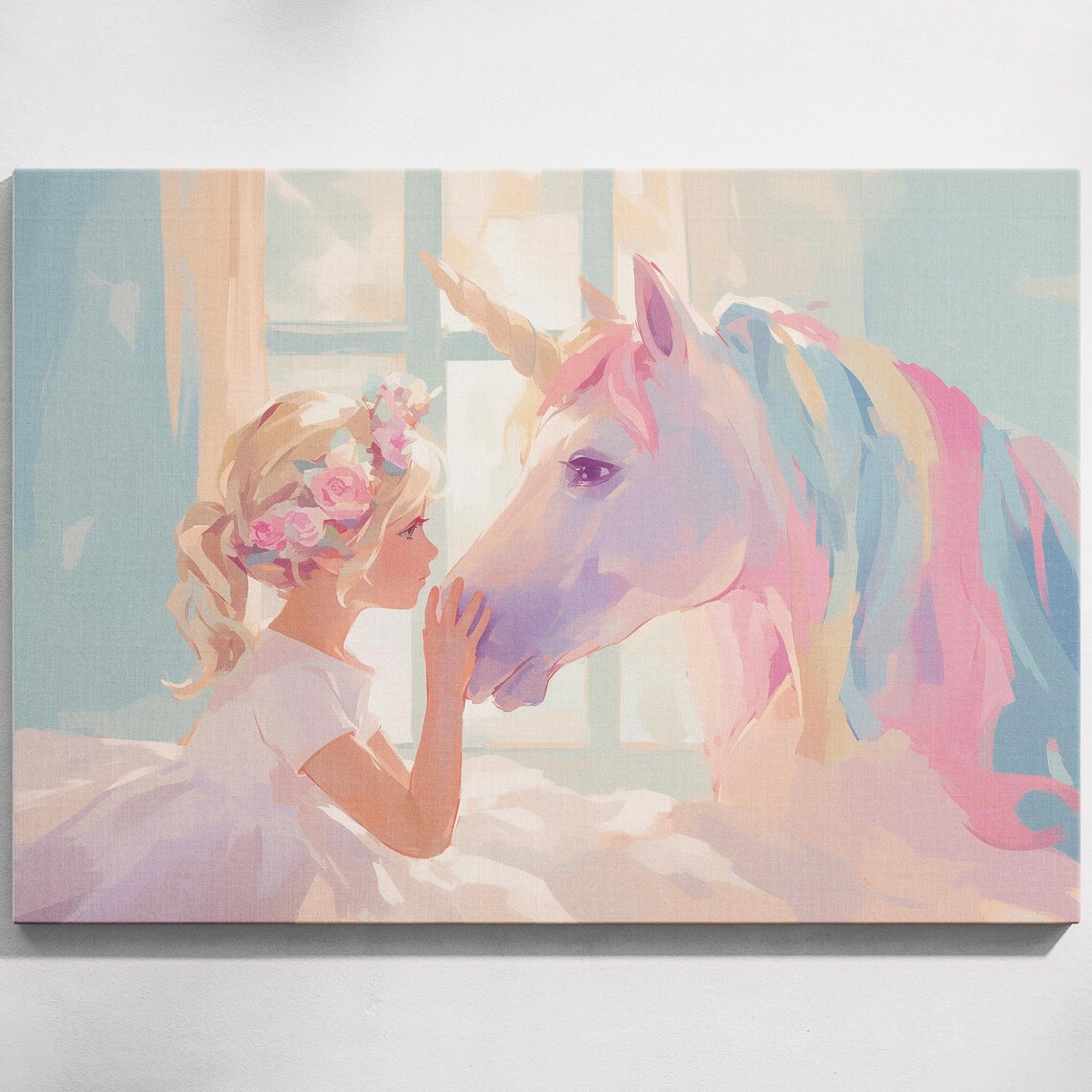 Little Girl Flower Crown Pastel Rainbow Unicorn Nursery Fantasy Poster