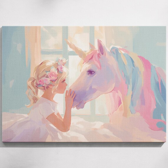Little Girl Flower Crown Pastel Rainbow Unicorn Nursery Fantasy Poster