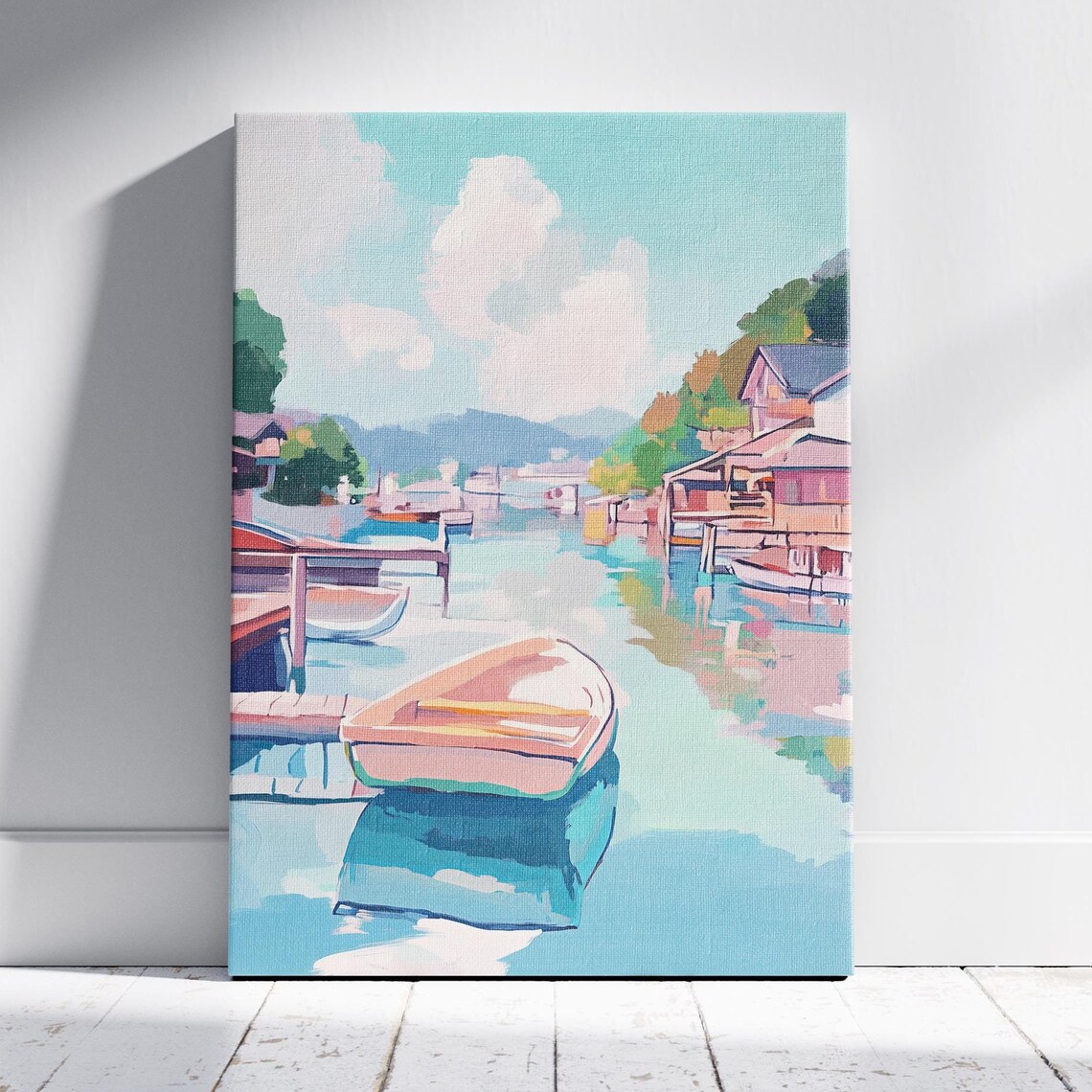 Lakeside Fishing Village With Boat Colorful Harbor Art Poster