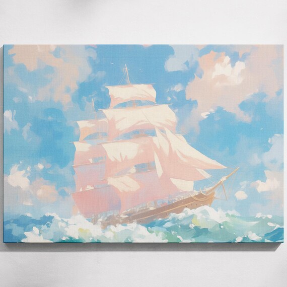 Tall Sailing Ship Full Pink Sails Turquoise Ocean Waves Art Poster