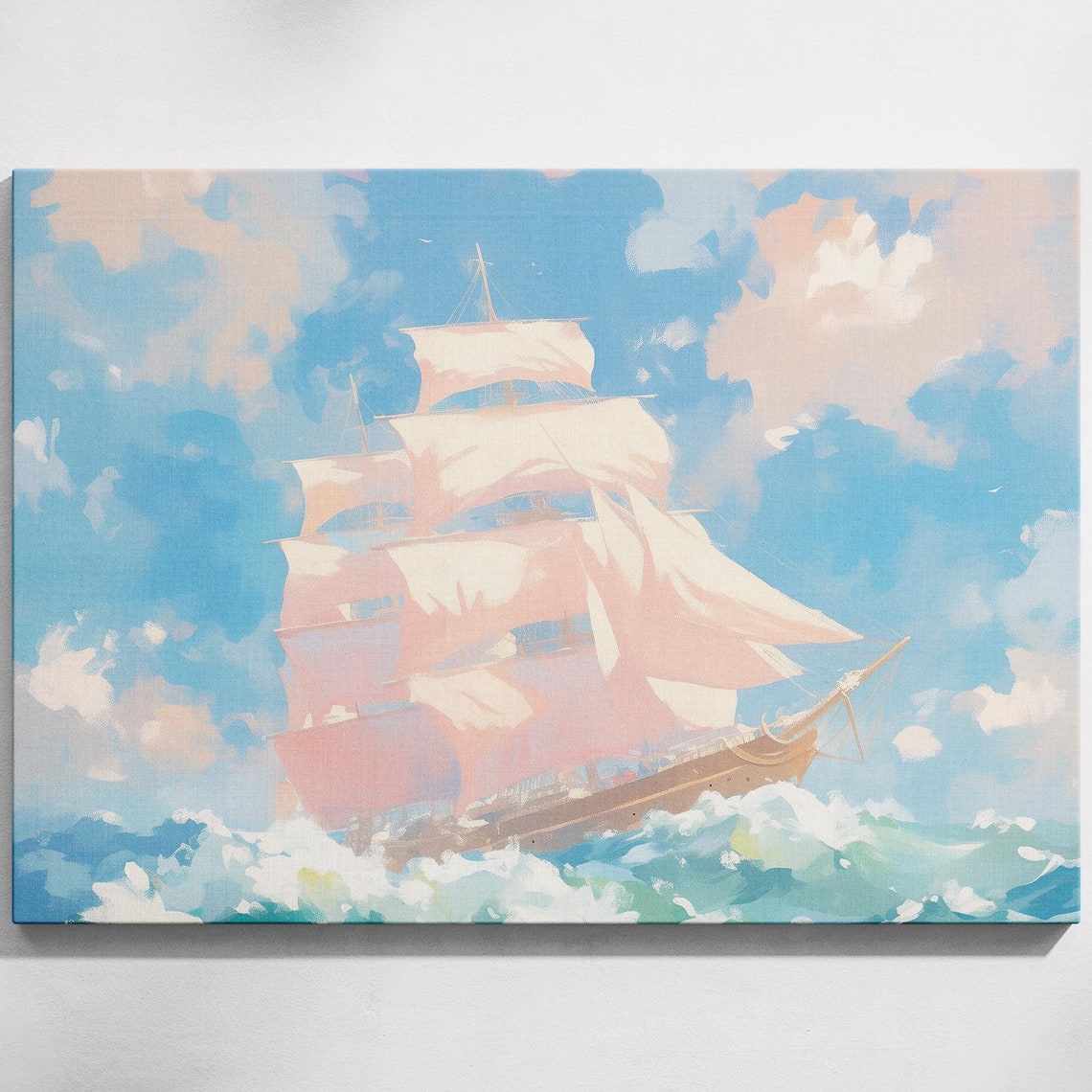 Tall Sailing Ship Full Pink Sails Turquoise Ocean Waves Art Poster