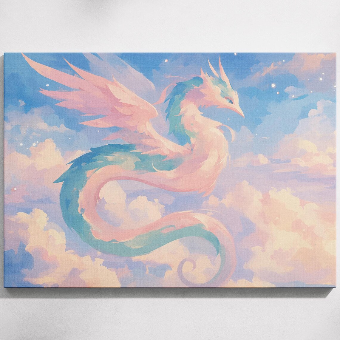Pastel Cloud Dragon Soaring Pink Teal Sky Fantasy Creature Art Poster