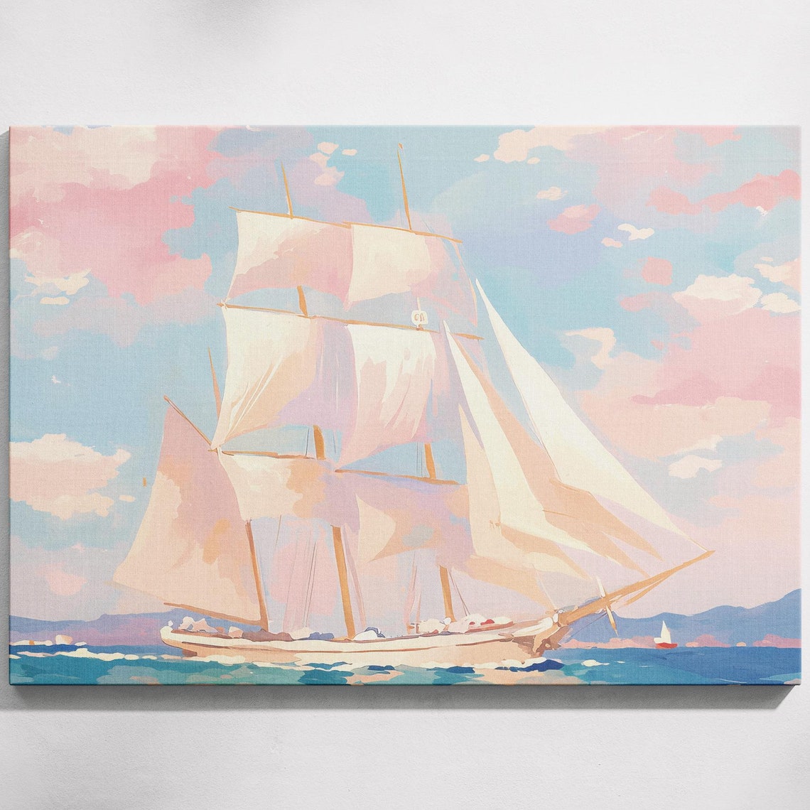 Tall Ship White Sails Pink Clouds Blue Ocean Vintage Sailing Poster