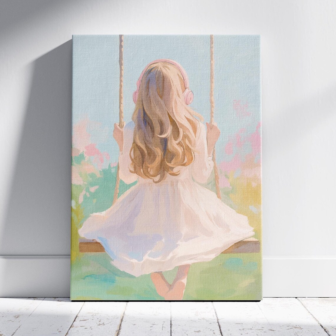 Dreamy Girl White Dress Pink Headphones Swing Pastel Garden Watercolor Print