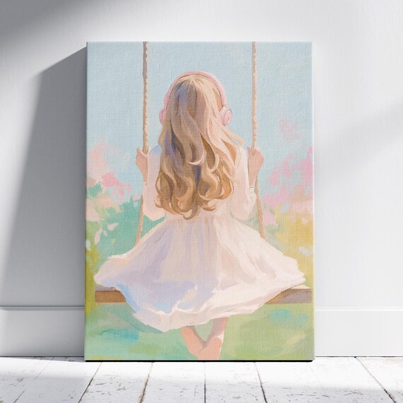 Dreamy Girl White Dress Pink Headphones Swing Pastel Garden Watercolor Print