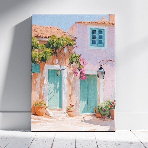 Greek Stone Road Print Bougainvillea Print Greek Pastel Tree Print Stone Road Watercolor Art Wall Art Prints
