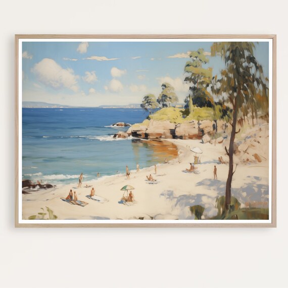 Sunny Beach Cove Bathers Turquoise Water Vintage Coastal Painting Poster