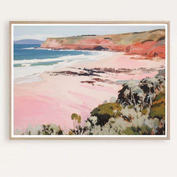 Large Pink Abstract Landscape Coastal Painting Wall Art Seascape
