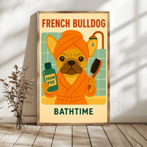 Vintage French Bulldog Spa Poster Funny Bathtime Decor