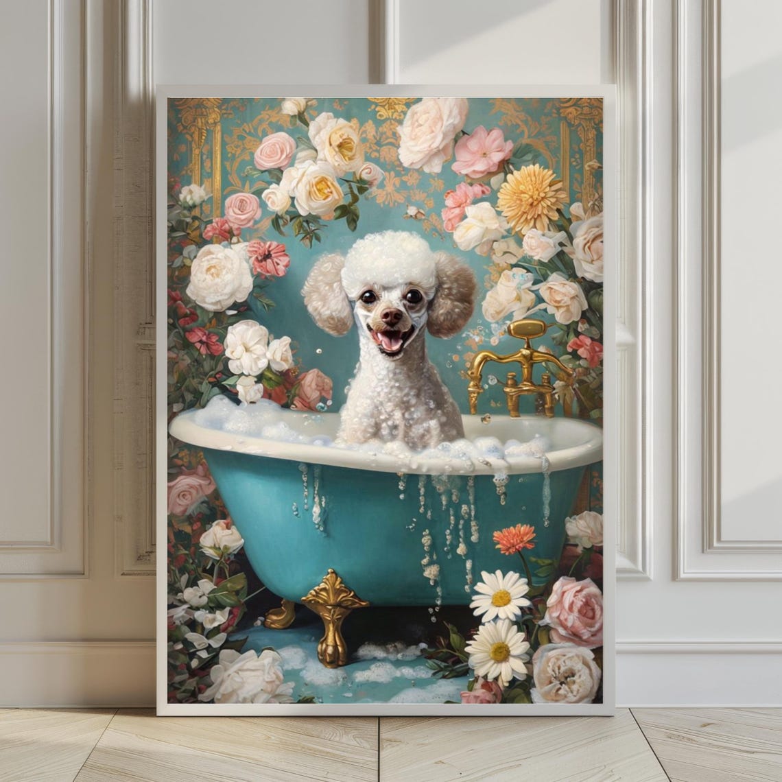 Vintage White Poodle Bubble Bath Poster Floral Dog Bathroom Decor