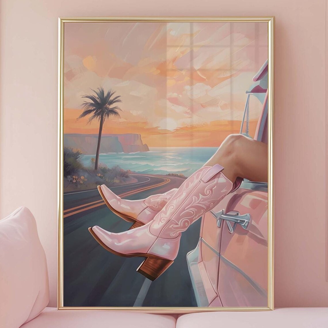 Pink Cowboy Boots Out Of Pink Classic Car Sunset Road Trip Poster