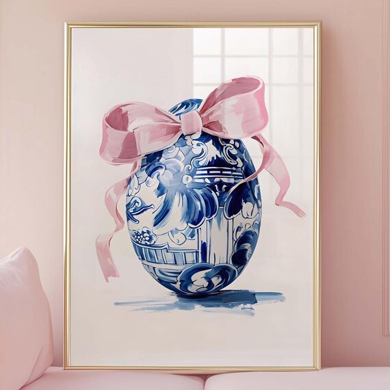 Watercolor Blue White Chinoiserie Easter Egg Pink Bow Art Print