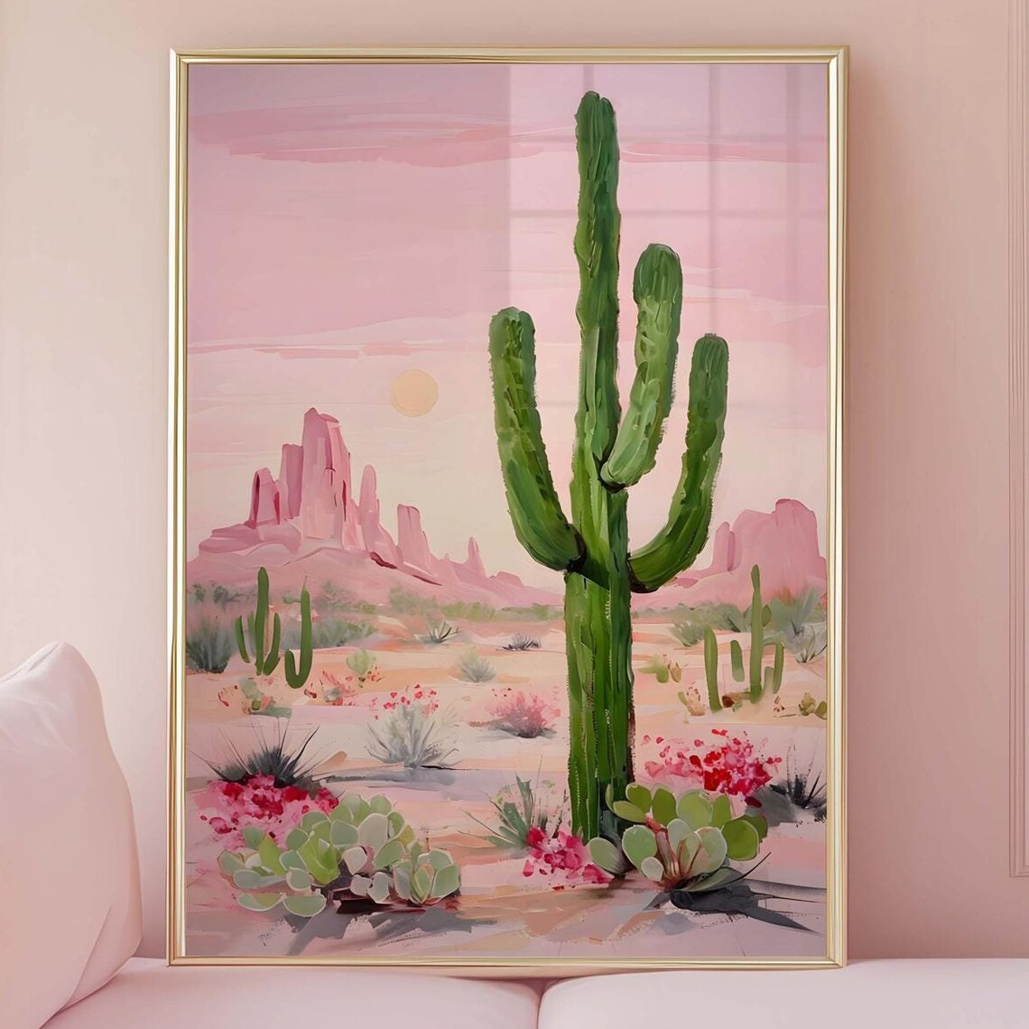 Pink Desert Sunset Saguaro Cactus Western Landscape Painting Poster