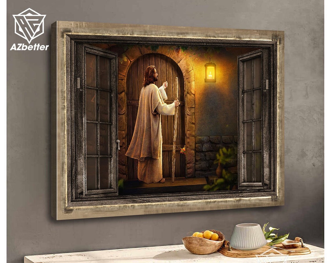 Jesus Knocking at the Door Open Window Lantern Night Christian Poster