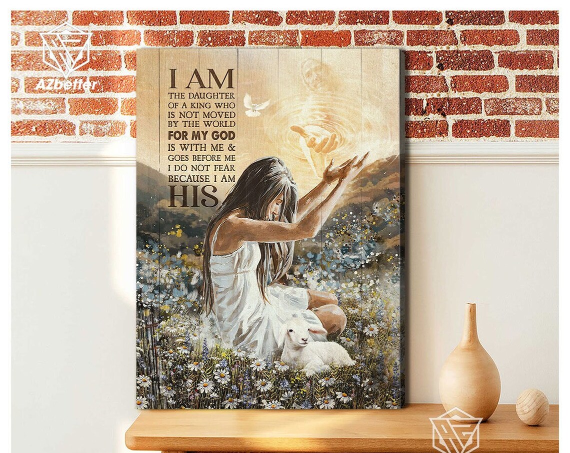 Daughter of the King Woman Kneeling Daisies Lamb Jesus Hand Poster