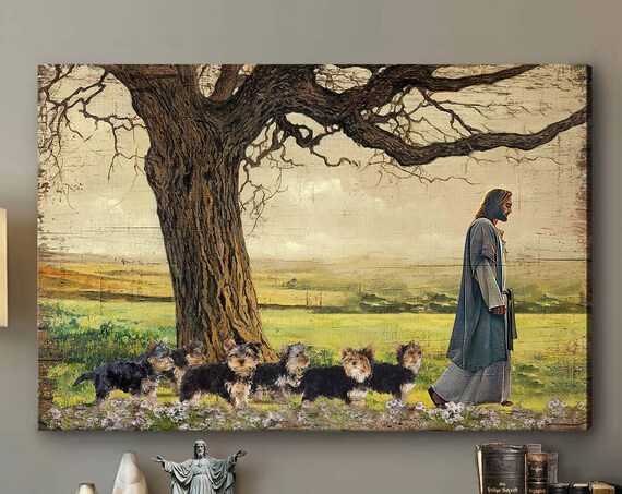 Jesus Walking with Five Yorkshire Terriers Under a Grand Oak Poster