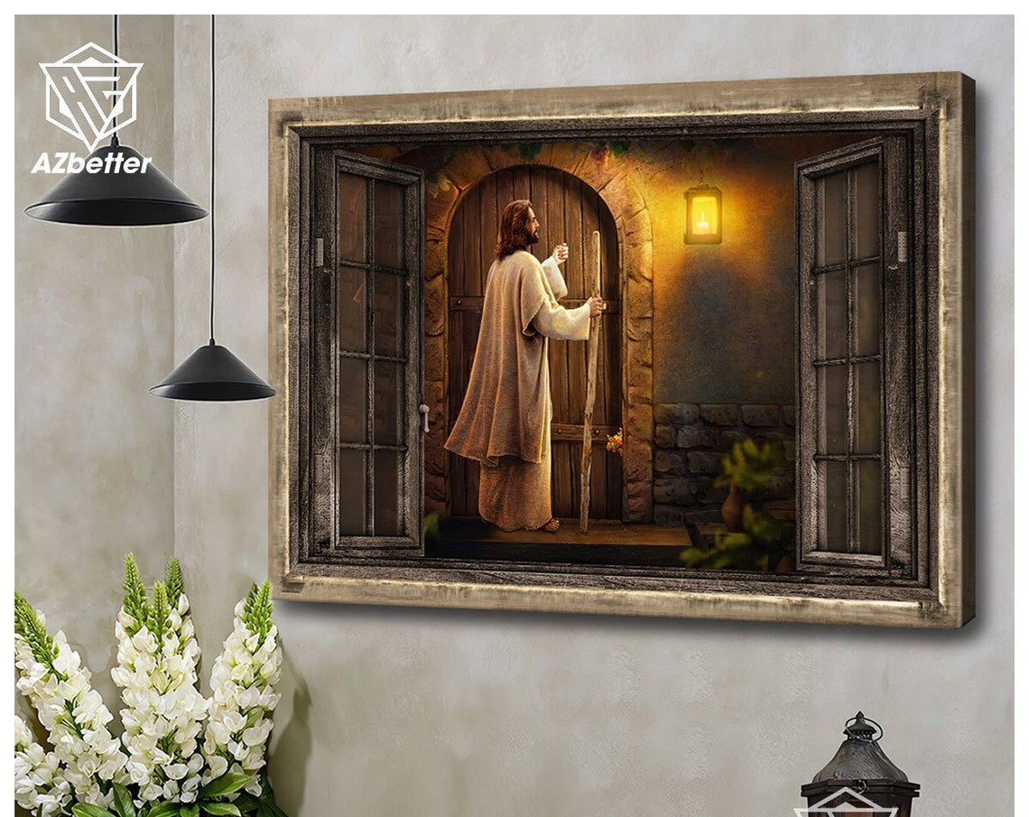 Jesus Knocking at the Door Open Window Lantern Night Christian Poster - Image 5