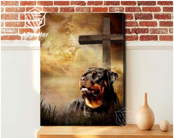 Rottweiler Looking Up at Wooden Cross with Jesus in Clouds Poster