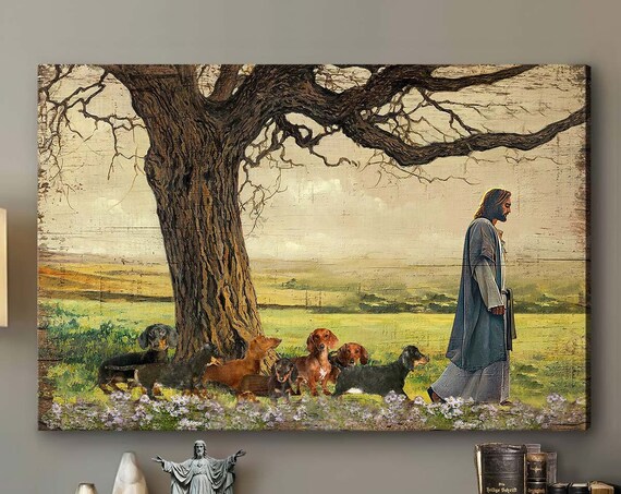 Jesus Walking With Dachshunds Sunny Flower Meadow Faith Art Poster
