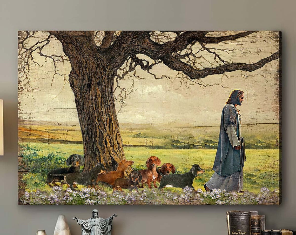 Jesus Walking With Dachshunds Sunny Flower Meadow Faith Art Poster