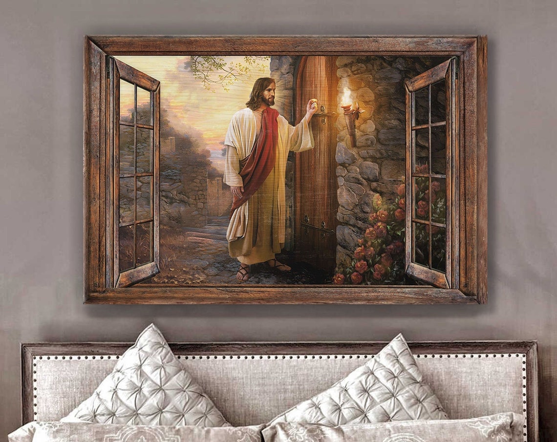 Jesus Knocking At The Door Open Window Sunset Scene Art Poster - Image 2