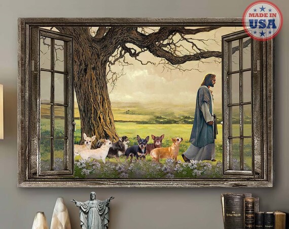 Jesus Walking with Five Chihuahuas in a Rustic Window Frame Scene Poster
