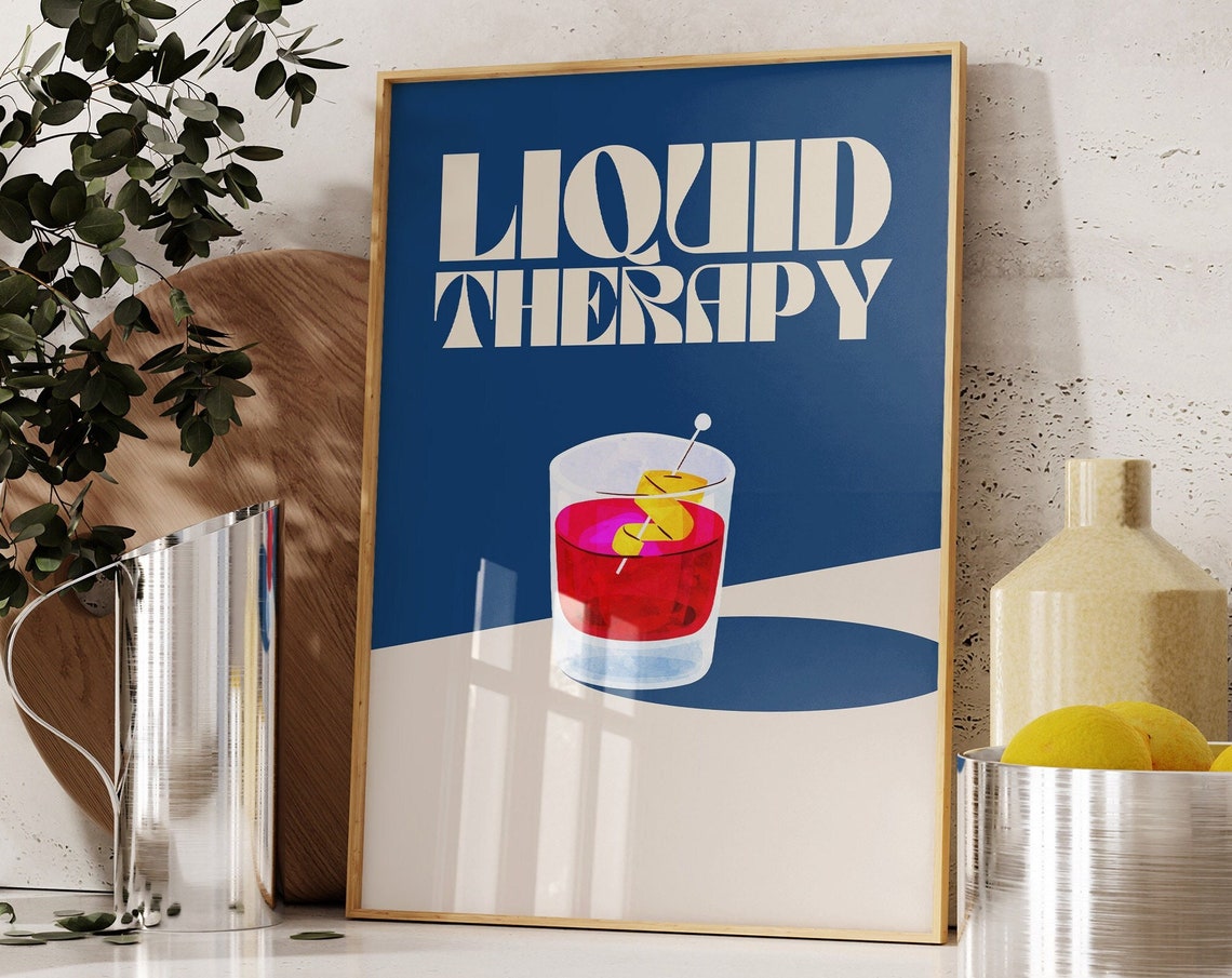 Liquid Therapy Red Cocktail Navy Blue Retro Bar Cart Wall Poster