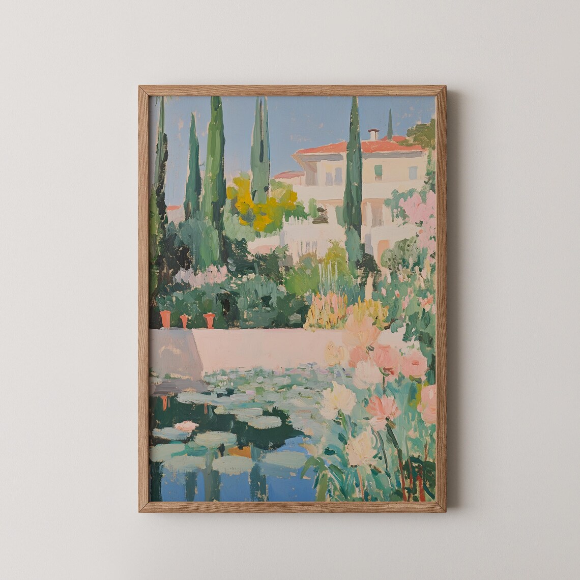 Italian Villa Garden Cypress Pond Floral Landscape Art Poster
