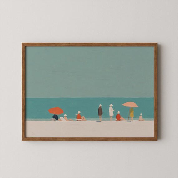 Minimalist Beach Figures Umbrellas Pastel Sea Coastal Modern Art Poster