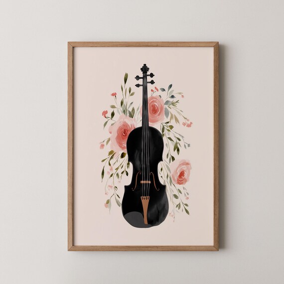 Elegant Decorative Black Violin Watercolor Pink Rose Music Wall Art