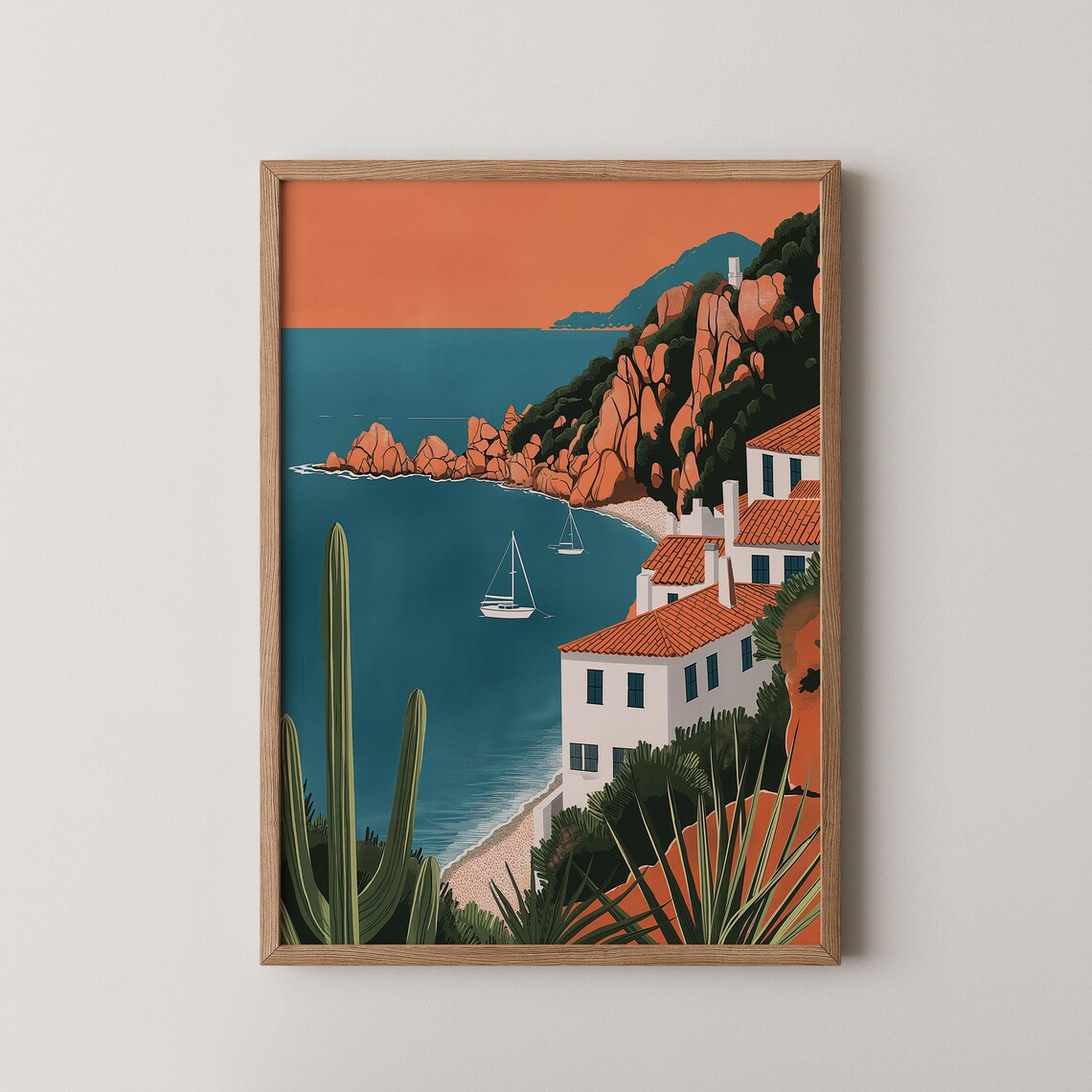 Mediterranean Cliffside Village Sailboats Sunset Illustration Poster