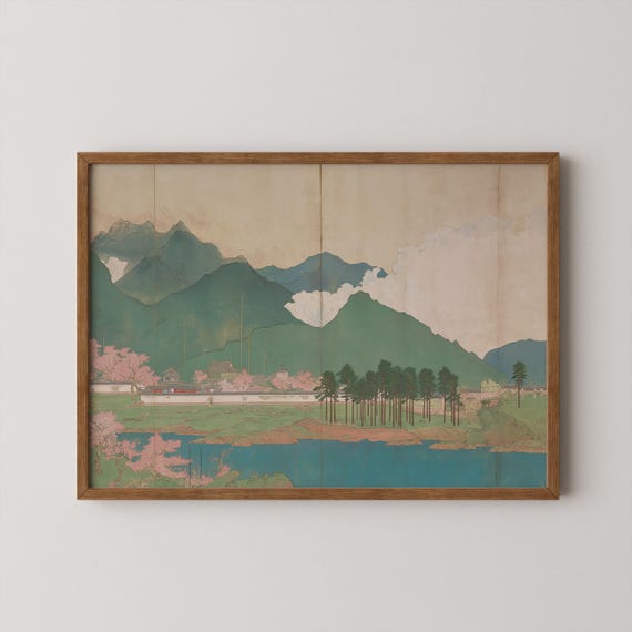 Forest Woodblock Print Japandi Decor Horizontal Wall Art