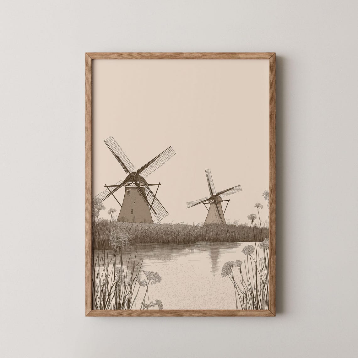 Netherlands Windmills Sepia Landscape Minimalist Dutch Art Poster