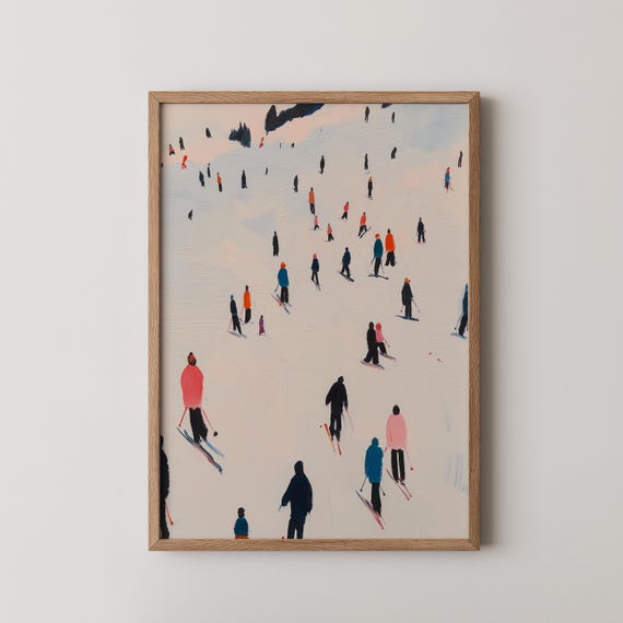Tiny Ski Snowboarders Print Minimalist Winter People Art Gift For Skiing Dad Modern Unique Office Decor
