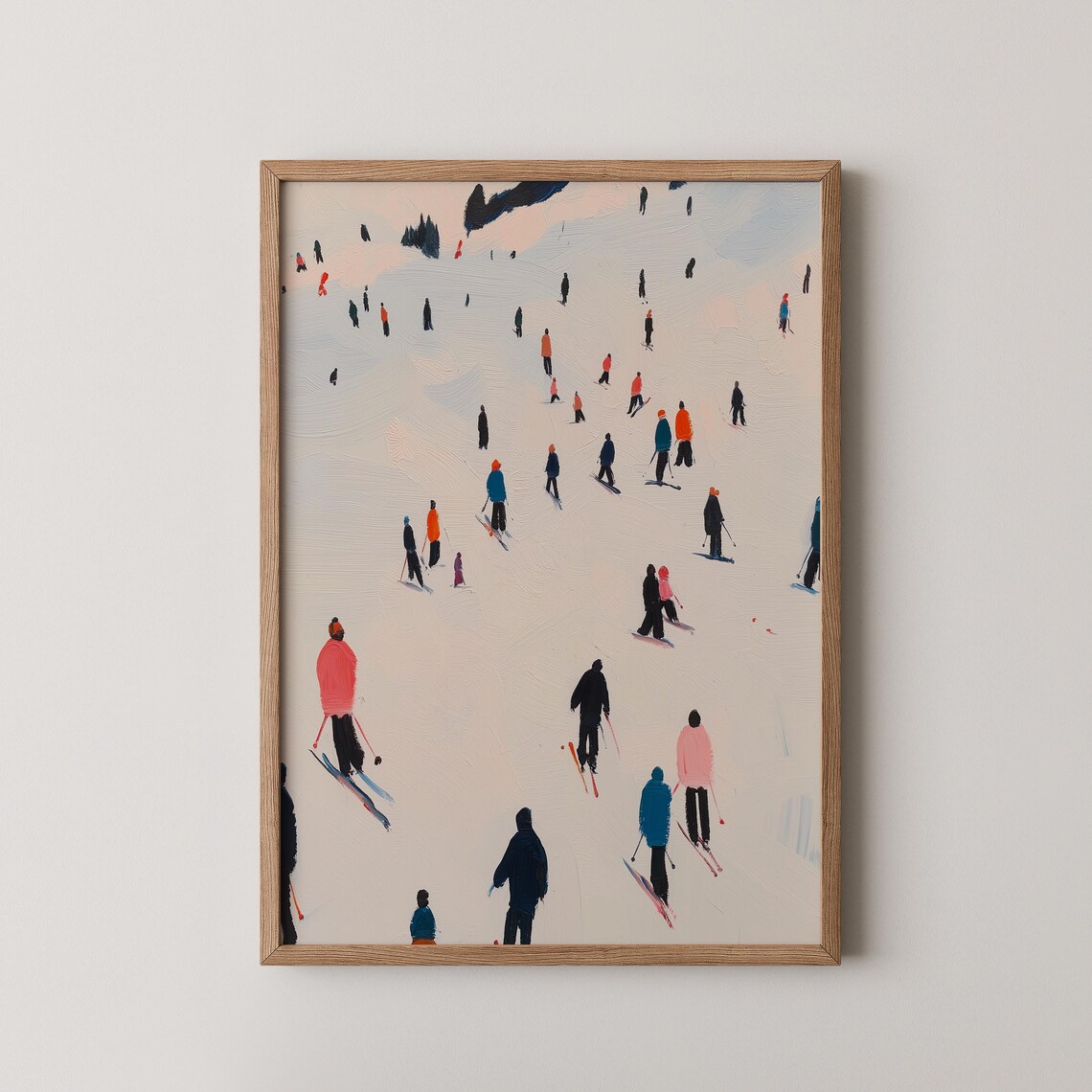 Tiny Skiers Aerial View Colorful Winter Slope Minimalist Ski Art Poster