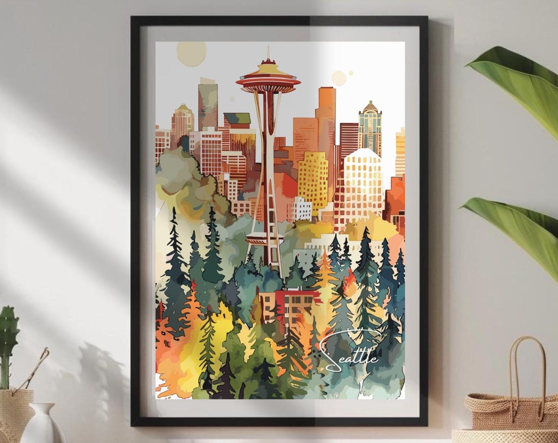 Seattle Travel Poster Print, City Skyline Watercolor